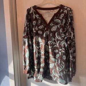Belle by Kim Gravel 1X Brown Teal Floral Long Sleeve Knit Top